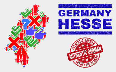 Symbolic Mosaic Hesse Land map and seal stamps. Red rounded Authentic German textured seal stamp. Colored Hesse Land map mosaic of different randomized symbols. Vector abstract composition.