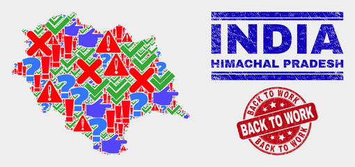 Sign Mosaic Himachal Pradesh State map and seal stamps. Red rounded Back to Work grunge seal. Bright Himachal Pradesh State map mosaic of different randomized icons. Vector abstract combination.