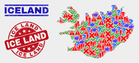 Symbolic Mosaic Iceland map and seal stamps. Red rounded Ice Land distress seal stamp. Colorful Iceland map mosaic of different random elements. Vector abstract combination.