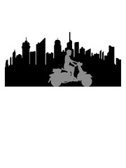 Fototapeta premium roller stadt hochhäuser großstadt mann kerl junge fahrer clipart fahren elektro führerschein bestanden prüfung motorrad cool design schnell rasen spaß liebe hobby fahrzeug