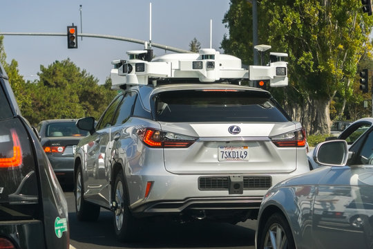 September 28, 2018 Sunnyvale / CA / USA - Vehicle from Apple's fleet currently testing a self driving system; the Company is using Lexus SUVs for the tests performed on the streets of Silicon Valley