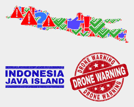 Symbol Mosaic Java Island map and seal stamps. Red round Drone Warning textured seal stamp. Colored Java Island map mosaic of different scattered elements. Vector abstract collage.