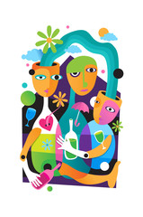 Family illustration with cubism art, pop art, colorful, for background, cover, print etc.