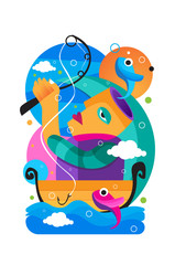 Fisherman illustration with cubism art, for print, cover, decor, etc.