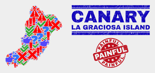 Symbol Mosaic La Graciosa Island map and seal stamps. Red rounded Painful grunge seal stamp. Colorful La Graciosa Island map mosaic of different random symbols. Vector abstract combination.