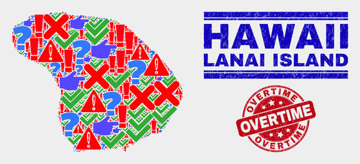 Obraz premium Sign Mosaic Lanai Island map and seal stamps. Red rounded Overtime scratched seal stamp. Colorful Lanai Island map mosaic of different randomized elements. Vector abstract collage.