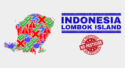 Sign Mosaic Lombok Island map and seal stamps. Red round No Pesticide scratched seal stamp. Colorful Lombok Island map mosaic of different randomized icons. Vector abstract combination.