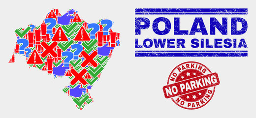 Sign Mosaic Lower Silesian Voivodeship map and seal stamps. Red rounded No Parking distress seal. Bright Lower Silesian Voivodeship map mosaic of different scattered symbols. Vector abstract collage.