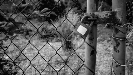 Wire fence with padlock and a white blank sticker - concept - black and white