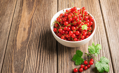 Fresh ripe red currant berry in a white cup on a wooden background. Horizontal frame.