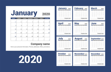 Planner 2020 year.  Calendar design template. English calender. Сolor vector. Week starts on Sunday. Simple business plan. New year. Clean minimal table planning