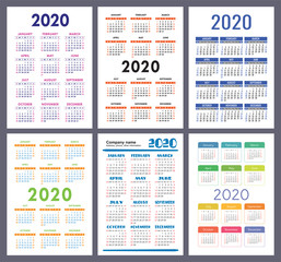 Calendar 2020. New year. Vector template collection. Colorful English pocket calender set. Week starts on Sunday