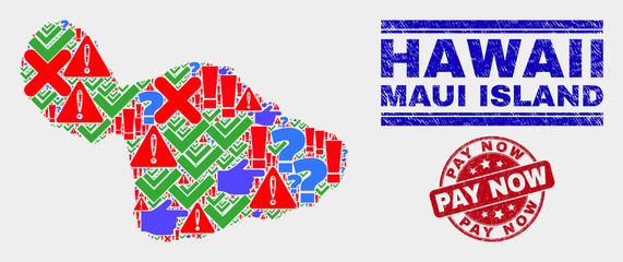 Obraz premium Symbolic Mosaic Maui Island map and seal stamps. Red rounded Pay Now grunge seal stamp. Colorful Maui Island map mosaic of different random icons. Vector abstract composition.