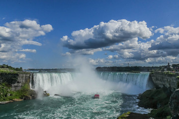 Fototapeta na wymiar Horseshoe Falls, also known as Canadian Falls, is the largest of the three waterfalls that collectively form Niagara Falls on the Niagara River along the Canada–United States