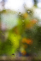 Rain drops, Water drops on mirror in bokeh green garden background, Close up & Macro shot, Selective focus, About Morning, Rainy day concept