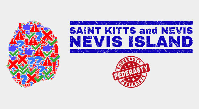Symbolic Mosaic Nevis Island map and seal stamps. Red rounded Pederasty grunge seal stamp. Colored Nevis Island map mosaic of different randomized items. Vector abstract combination.