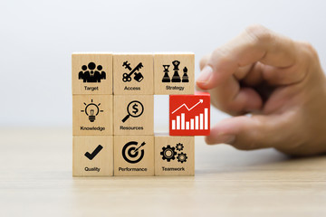 Business icons concept for growth success process on wood Block  Stacked.