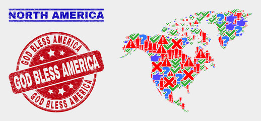 Symbol Mosaic North America map and stamps. Red round God Bless America grunge watermark. Colorful North America map mosaic of different randomized items. Vector abstract combination.