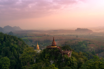 Lanscape of two pagodas on top mountain at Dharma Khao Na Nai Luang Park  Surat Thani, Thailand.