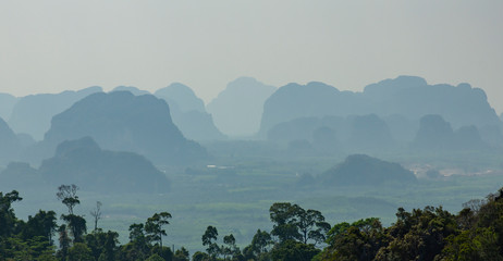 landscape with mountains.  green hills in the fog. foggy hills in thailand. nature of thailand. tropical landscape