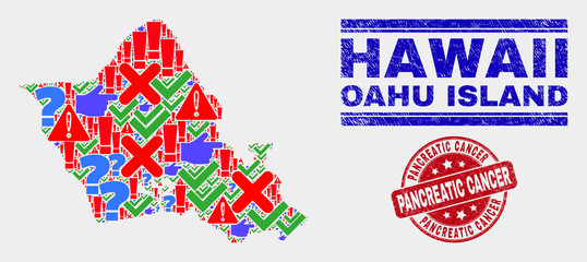 Symbolic Mosaic Oahu Island map and seal stamps. Red rounded Pancreatic Cancer textured seal stamp. Colored Oahu Island map mosaic of different random elements. Vector abstract combination.