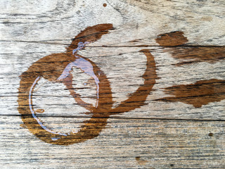 2 Trace water from cups on wood texture, Abstract background, sign concept