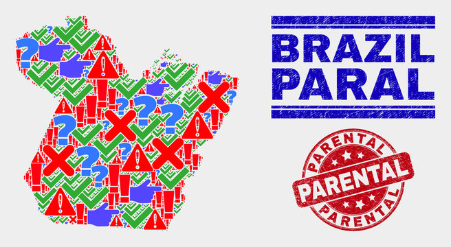 Sign Mosaic Paral State map and seal stamps. Red rounded Parental grunge seal. Colored Paral State map mosaic of different scattered symbols. Vector abstract composition.