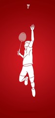 Badminton player action cartoon graphic vector.