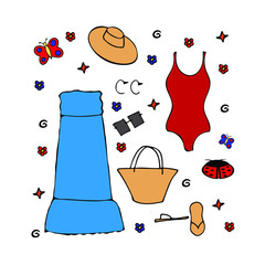 Hand drawn card "women's clothes". Vector illustration. EPS 10