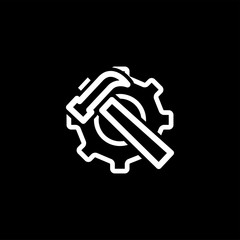 Service Tools Line Icon On Black Background. Gear Wheel & Hammer Black Flat Style Illustration.