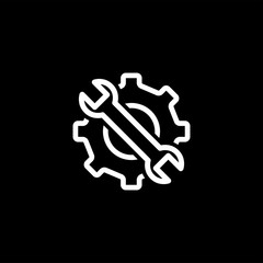 Service Tools Line Icon On Black Background. Gear Wheel & Hammer Black Flat Style Illustration.