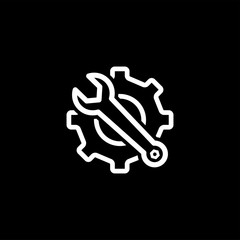 Service Tools Line Icon On Black Background. Gear Wheel & Hammer Black Flat Style Illustration.