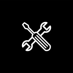 Screwdriver And Wrench Line Icon On Black Background. Black Flat Style Vector Illustration.