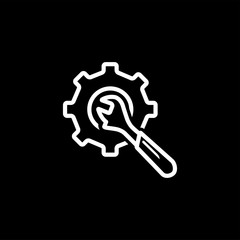 Service Tools Line Icon On Black Background. Gear Wheel & Hammer Black Flat Style Illustration.