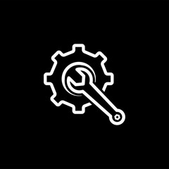 Service Tools Line Icon On Black Background. Gear Wheel & Hammer Black Flat Style Illustration.