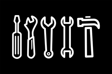 Wrench Spanner Screwdriver And Hammer Line Icon On Black Background. Black Flat Style Illustration.