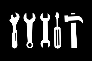 Wrench Spanner Screwdriver And Hammer Icon On Black Background. Black Flat Style Vector Illustration