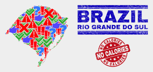 Naklejka premium Sign Mosaic Rio Grande do Sul State map and seal stamps. Red round No Calories distress seal stamp. Colored Rio Grande do Sul State map mosaic of different randomized elements.
