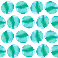 Watercolor seamless abstract turquoise circles pattern on white background. Hand drawn blue round shapes, endless overlapping paint.
