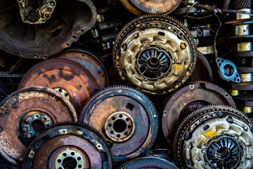 Used engine car parts, Rusty metal texture background, Close up & Macro shot, Selective focus