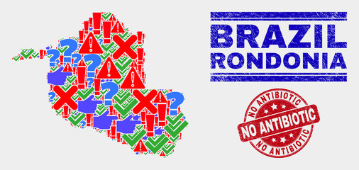 Symbol Mosaic Rondonia State map and seal stamps. Red round No Antibiotic textured seal stamp. Bright Rondonia State map mosaic of different scattered icons. Vector abstract collage.
