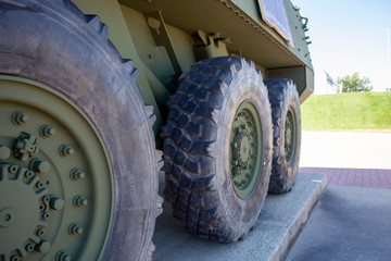 Wheels of light armoured military vehicle. Used in combat by the military.