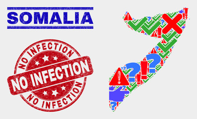 Symbol Mosaic Somalia map and seal stamps. Red rounded No Infection textured seal. Colored Somalia map mosaic of different random elements. Vector abstract combination.