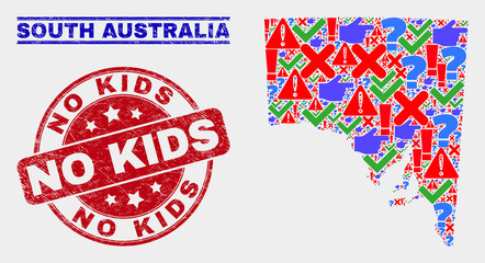 Symbol Mosaic South Australia map and seal stamps. Red round No Kids scratched seal stamp. Bright South Australia map mosaic of different scattered icons. Vector abstract collage.