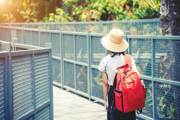 traveling backpacker walking on Canopy walkway at Queen Sirikit Botanic Garden Chiangmai, Thailand