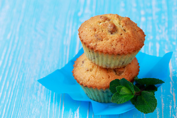 Two cupcakes on aquamarine background
