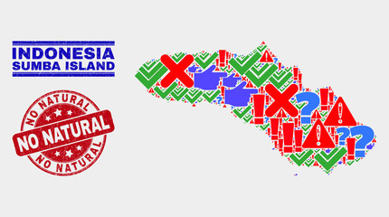 Symbolic Mosaic Sumba Island map and seal stamps. Red rounded No Natural grunge seal stamp. Colorful Sumba Island map mosaic of different scattered symbols. Vector abstract combination.