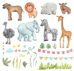 Papier Peint photo Zoo Ensemble d& 39 aquarelle d& 39 Afrique. Collection Safari avec girafe, rhinocéros, zèbre, lion, phacochère, autruche, buffle, éléphant. Animaux mignons à l& 39 aquarelle.