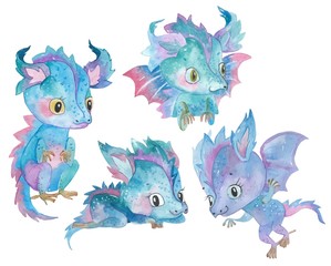 Set of Watercolor hand painted cute little dragons  illustration isolated on white. Cartoon childish characters