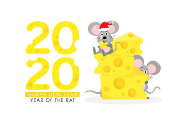 Happy new year 2020 greeting card with cute mouse and cheeses. Rat zodiac. Animal wildlife holidays cartoon character. -Vector.